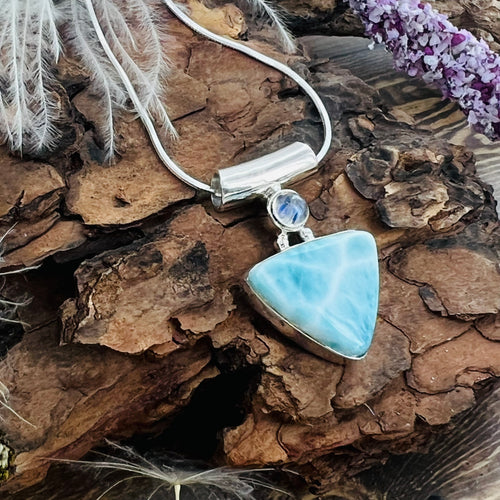 Larimar and Moonstone Triangle Bar Pendant Necklace