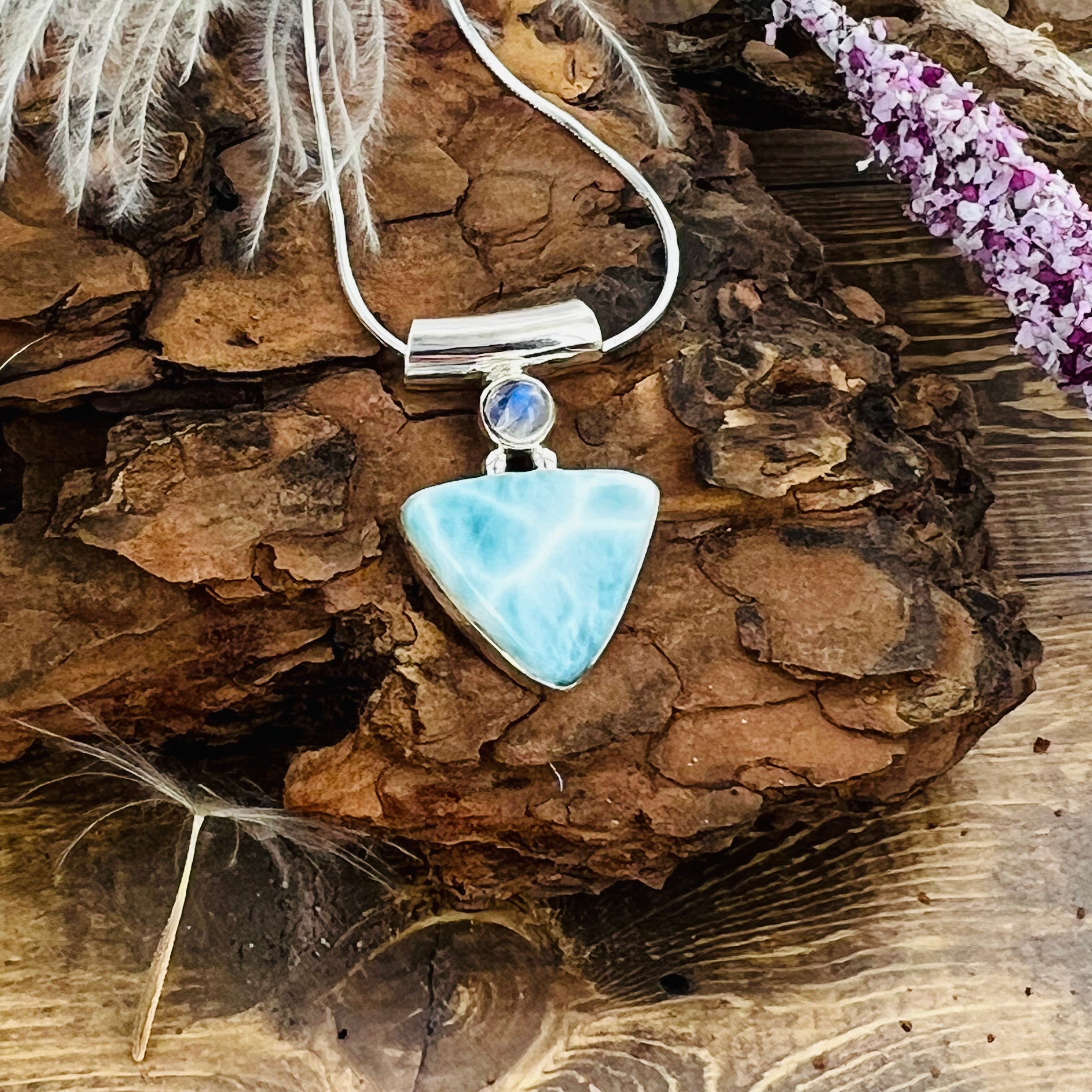 Larimar and Moonstone Triangle Bar Pendant Necklace