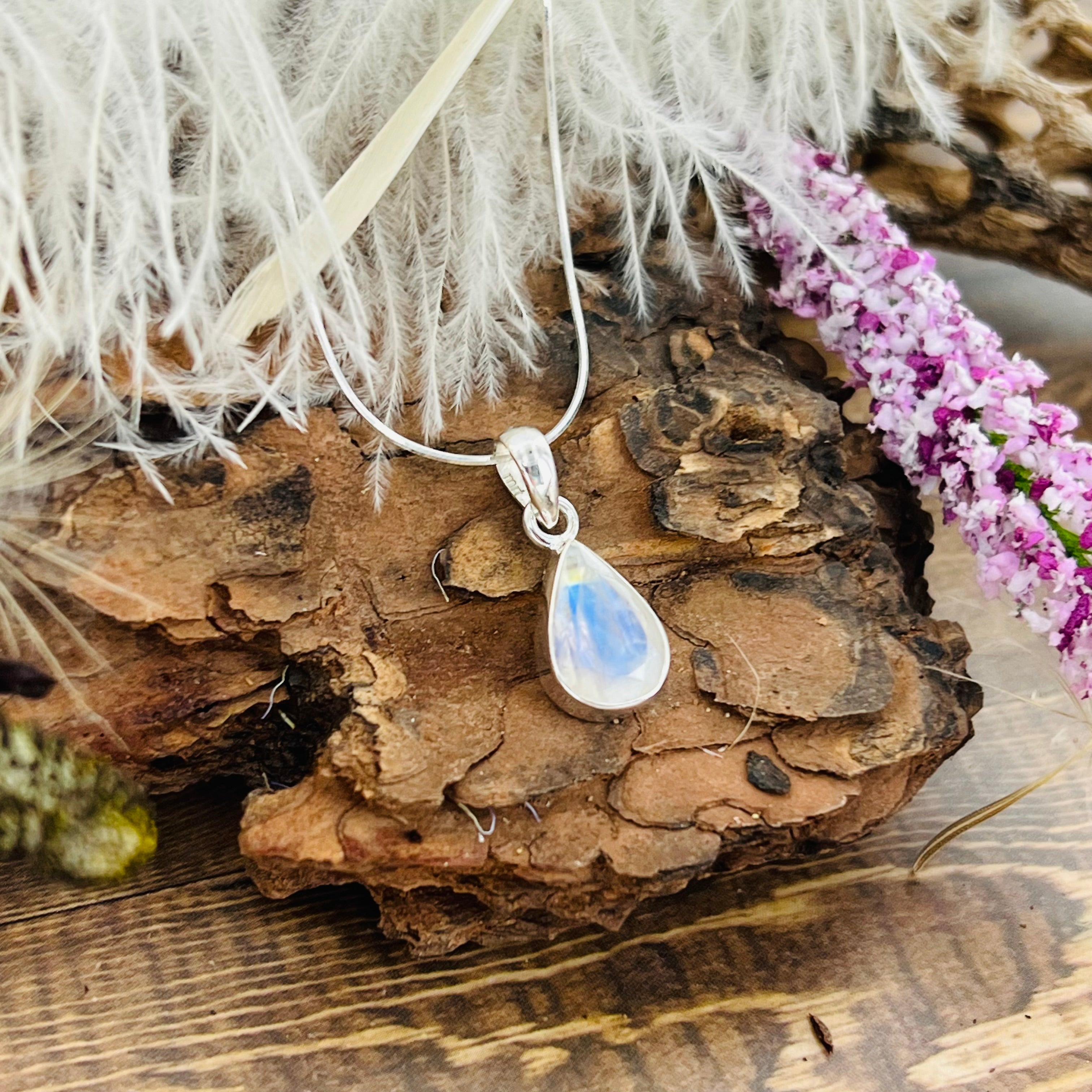 Moonstone faceted tiny tear drop pendant necklace