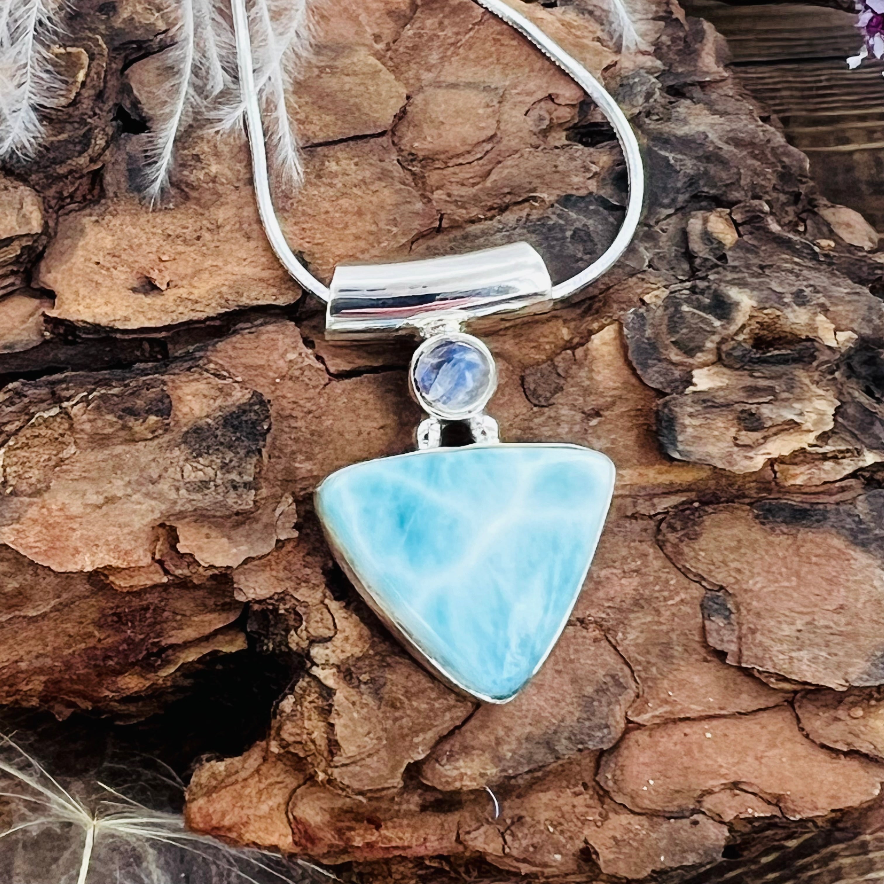 Larimar and Moonstone Triangle Bar Pendant Necklace